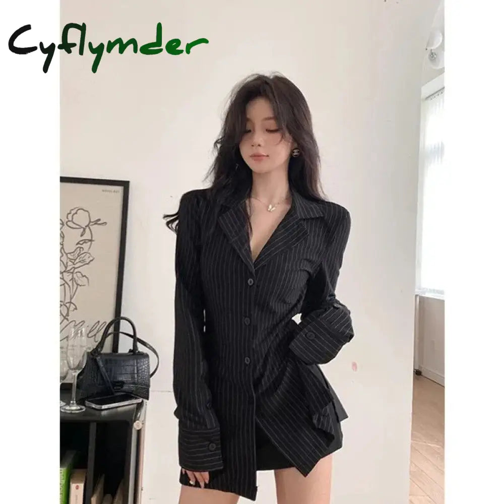 Cyflymder Black Striped Blouses Women Korean Sexy V-Neck Slim Shirts Office Lady Fashion Elegant