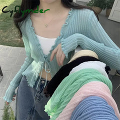 Cyflymder Black Tie Thin Knitted Cropped Cardigan Women Summer Korean Casual Lace Long Sleeve Short