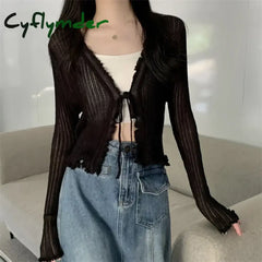 Black Tie Thin Knitted Cropped Cardigan Women Summer Korean Casual Lace Long Sleeve Short Outerwear 7 Colours