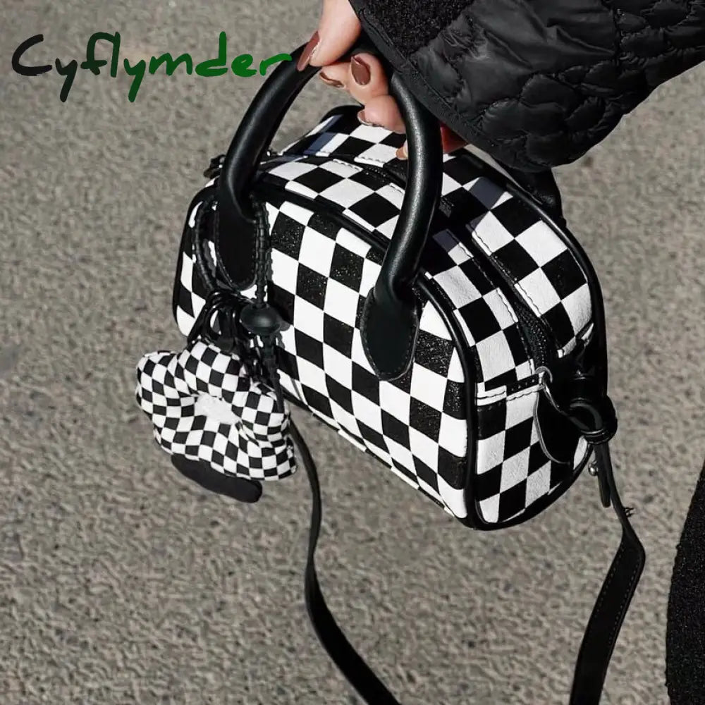 Cyflymder Black White Plaid Boston Bag Checkerboard Small Handbags For Women With Flower Pendant