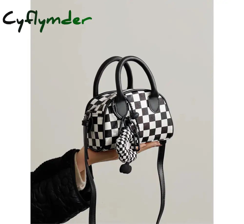 Cyflymder Black White Plaid Boston Bag Checkerboard Small Handbags For Women With Flower Pendant