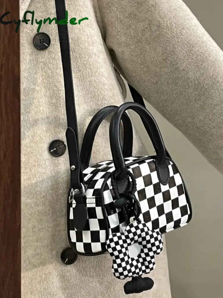 Cyflymder Black White Plaid Boston Bag Checkerboard Small Handbags For Women With Flower Pendant