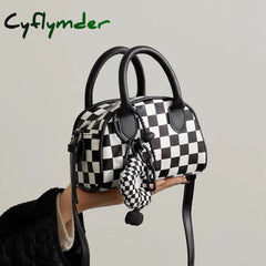 Cyflymder Black White Plaid Boston Bag Checkerboard Small Handbags For Women With Flower Pendant