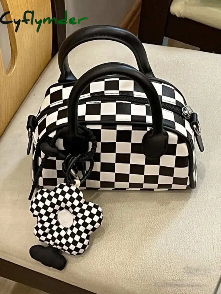 Cyflymder Black White Plaid Boston Bag Checkerboard Small Handbags For Women With Flower Pendant