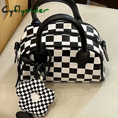 Cyflymder Black White Plaid Boston Bag Checkerboard Small Handbags For Women With Flower Pendant