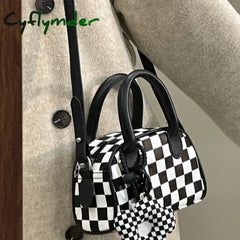 Cyflymder Black White Plaid Boston Bag Checkerboard Small Handbags For Women With Flower Pendant