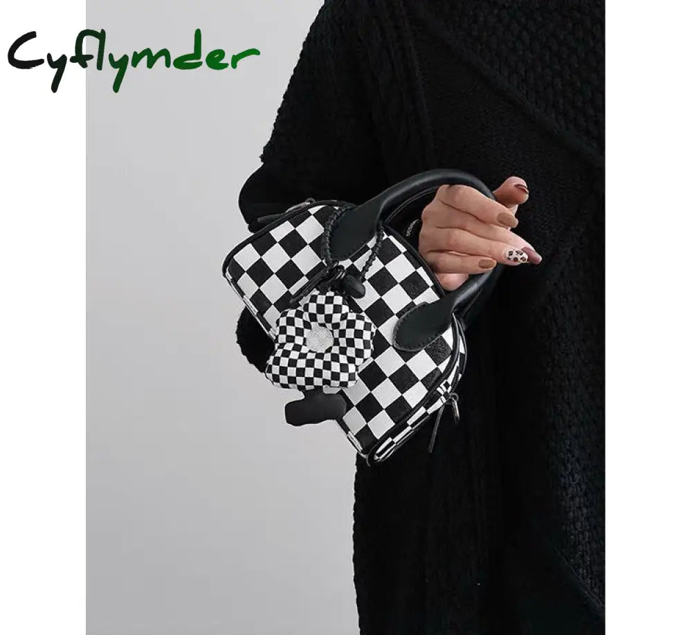 Cyflymder Black White Plaid Boston Bag Checkerboard Small Handbags For Women With Flower Pendant