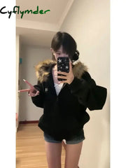 Cyflymder Black Zip Up Hoodies Women Vintage Preppy Style Faux Fur Coat Korean Oversized Casual Sweatshirt Harajuku