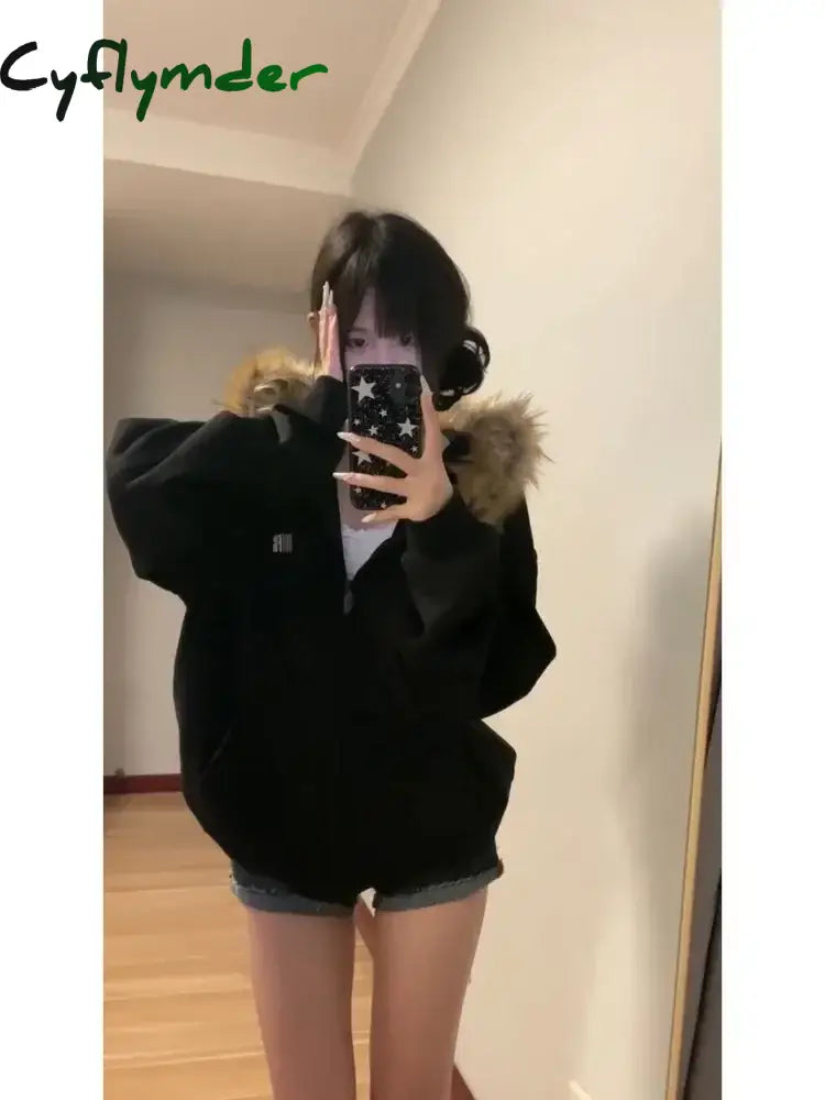 Cyflymder Black Zip Up Hoodies Women Vintage Preppy Style Faux Fur Coat Korean Oversized Casual Sweatshirt Harajuku