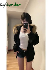 Cyflymder Black Zip Up Hoodies Women Vintage Preppy Style Faux Fur Coat Korean Oversized Casual Sweatshirt Harajuku