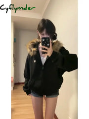 Cyflymder Black Zip Up Hoodies Women Vintage Preppy Style Faux Fur Coat Korean Oversized Casual Sweatshirt Harajuku