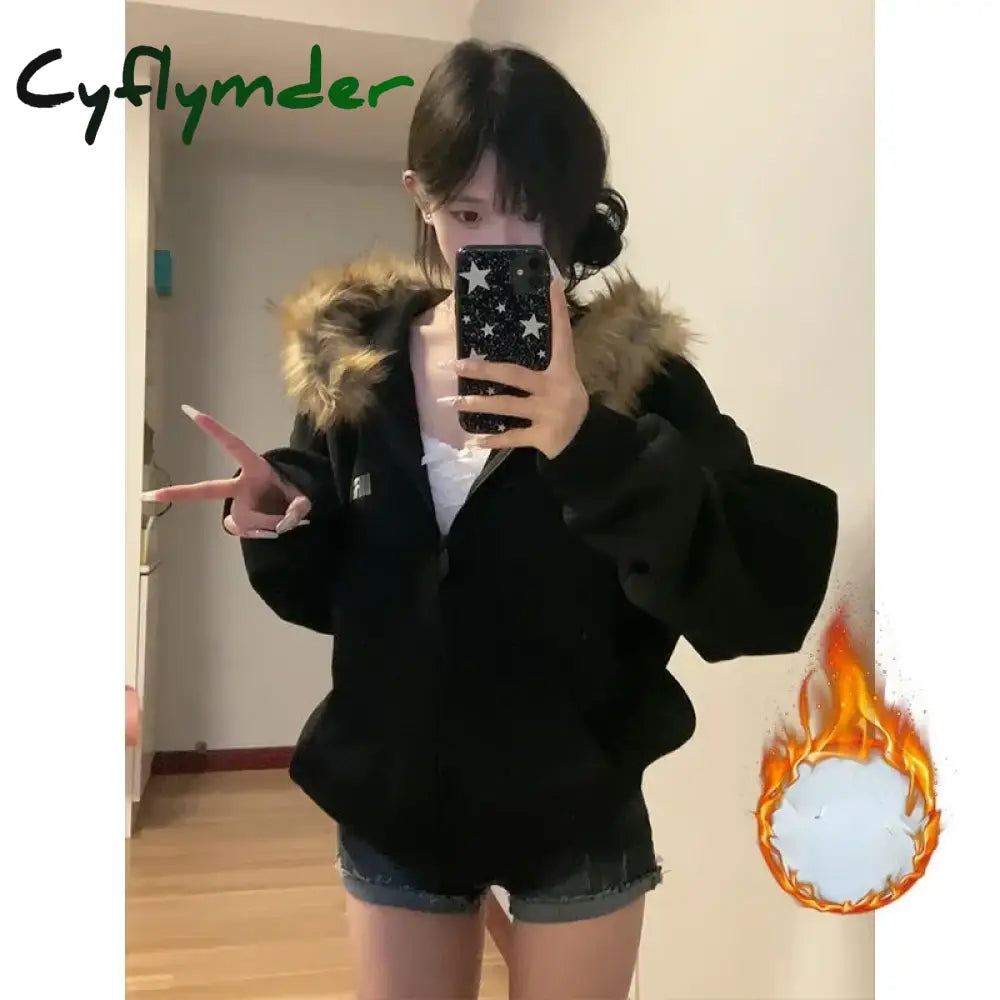 Cyflymder Black Zip Up Hoodies Women Vintage Preppy Style Faux Fur Coat Korean Oversized Casual Sweatshirt Harajuku