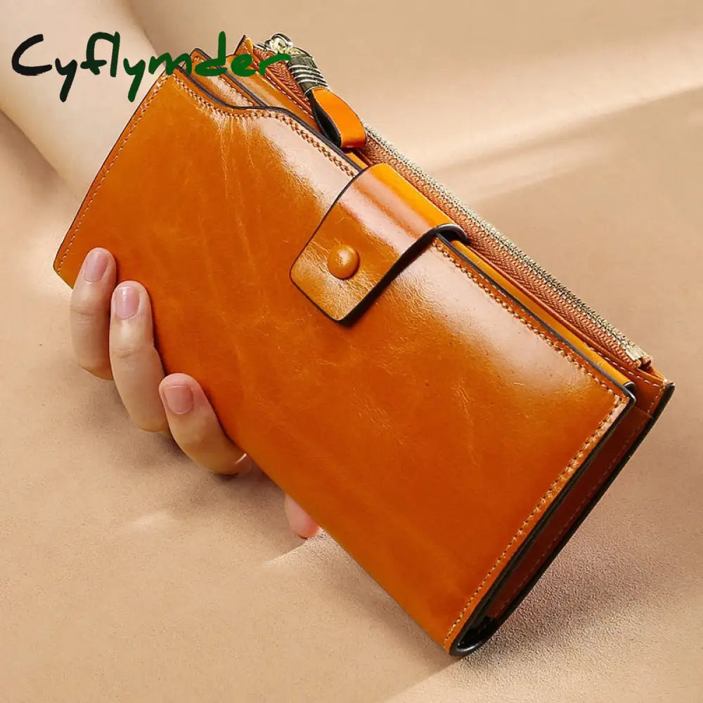 Cyflymder Blocking Genuine Leather Women Wallet Long Lady Purse Brand Design Luxury Oil Wax Female