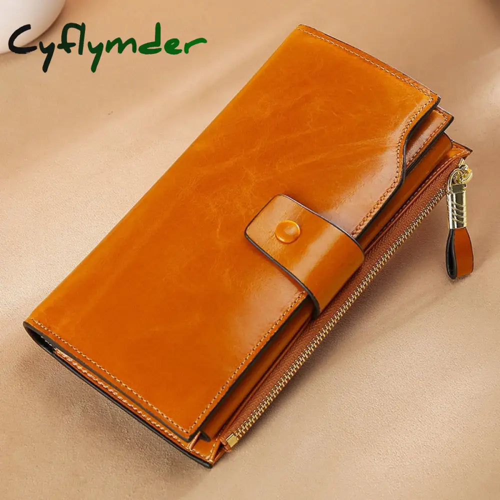 Cyflymder Blocking Genuine Leather Women Wallet Long Lady Purse Brand Design Luxury Oil Wax Female