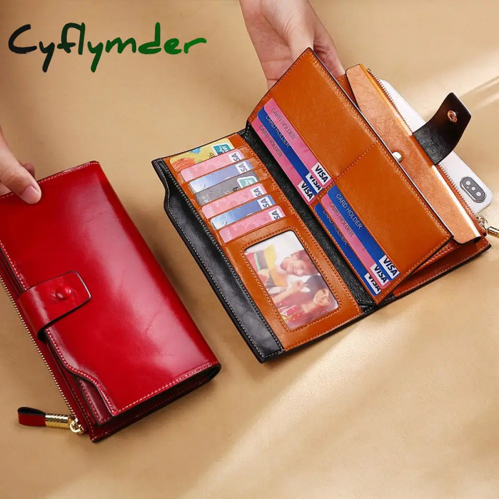 Cyflymder Blocking Genuine Leather Women Wallet Long Lady Purse Brand Design Luxury Oil Wax Female