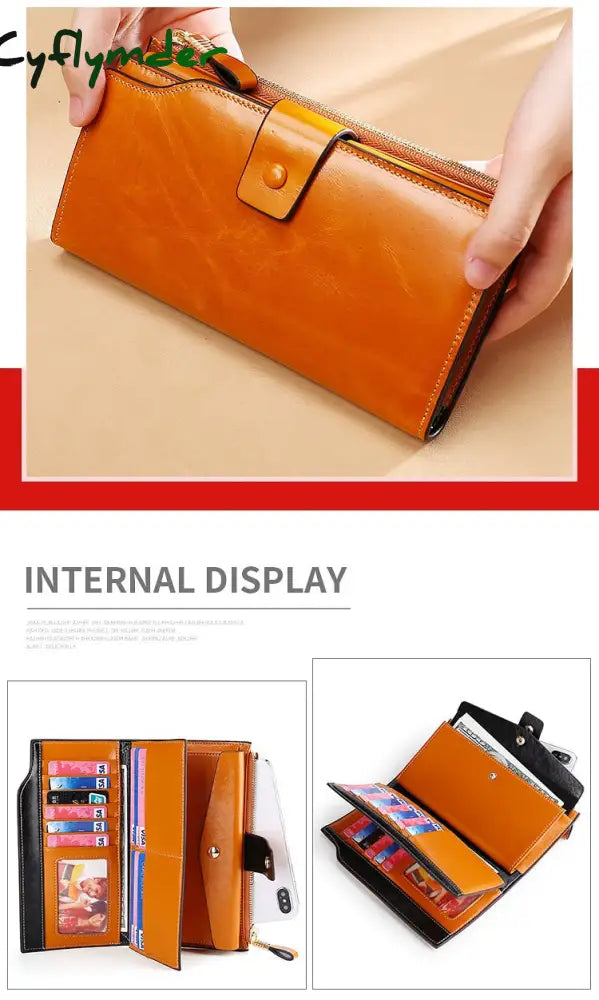 Cyflymder Blocking Genuine Leather Women Wallet Long Lady Purse Brand Design Luxury Oil Wax Female