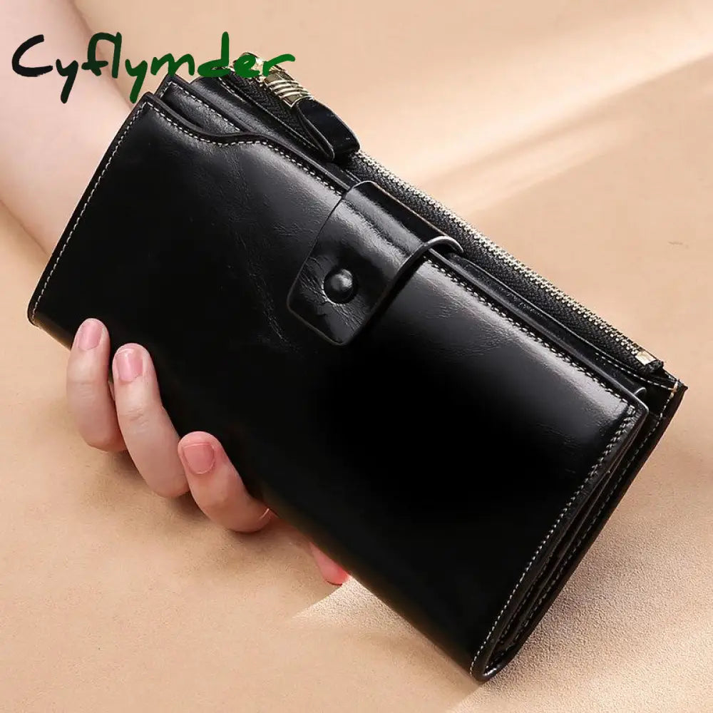 Cyflymder Blocking Genuine Leather Women Wallet Long Lady Purse Brand Design Luxury Oil Wax Female