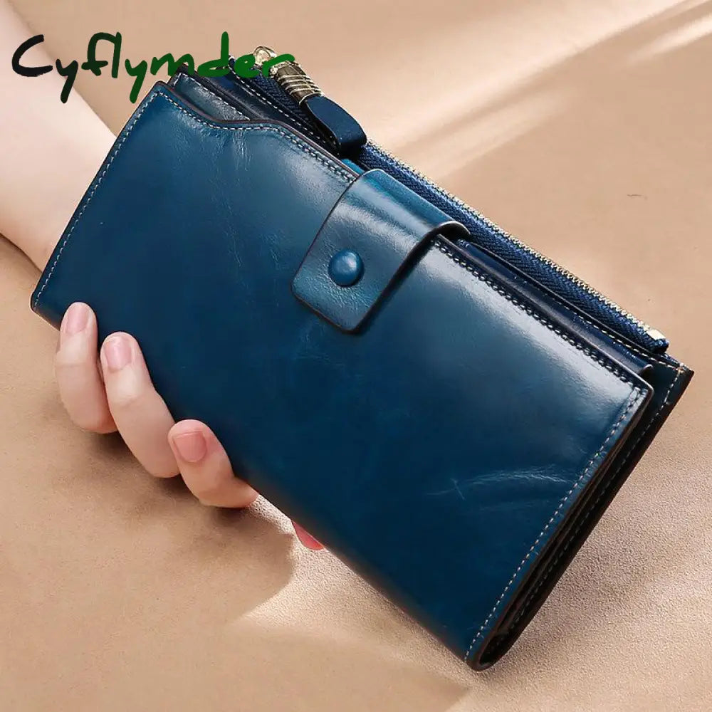 Cyflymder Blocking Genuine Leather Women Wallet Long Lady Purse Brand Design Luxury Oil Wax Female