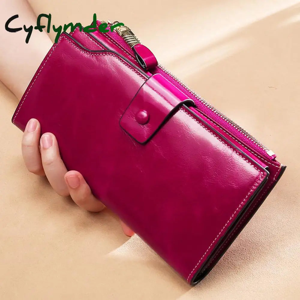 Cyflymder Blocking Genuine Leather Women Wallet Long Lady Purse Brand Design Luxury Oil Wax Female