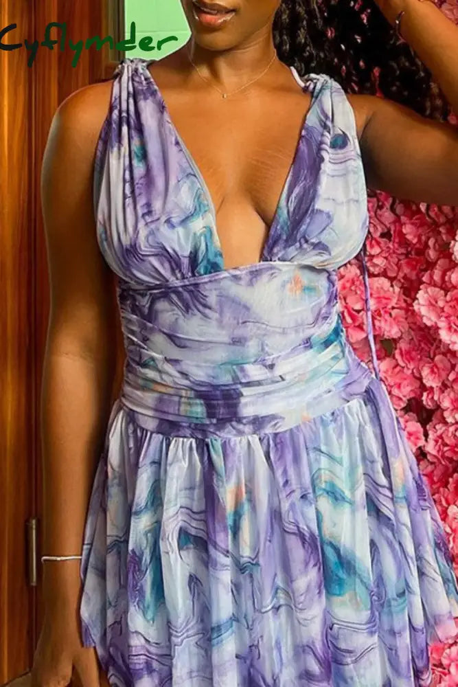 Cyflymder - Blue Casual Print Fold V Neck Sleeveless Dress Dresses