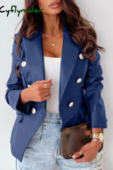 Cyflymder - Blue Casual Solid Cardigan Turn-Back Collar Outerwear Blazers