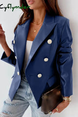 Cyflymder - Blue Casual Solid Cardigan Turn-Back Collar Outerwear Blazers