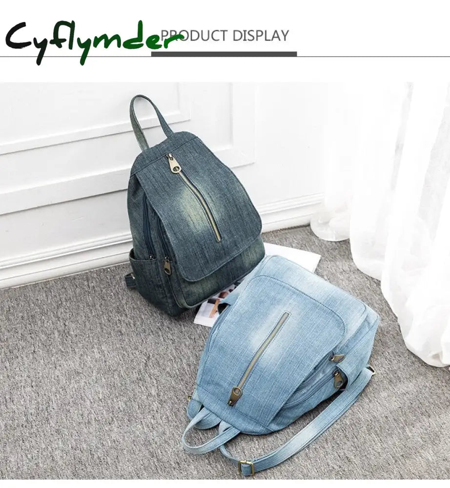 Cyflymder Blue Denim Canvas Women Backpack Big Capacity High Quality Female School Bag Casual Jeans