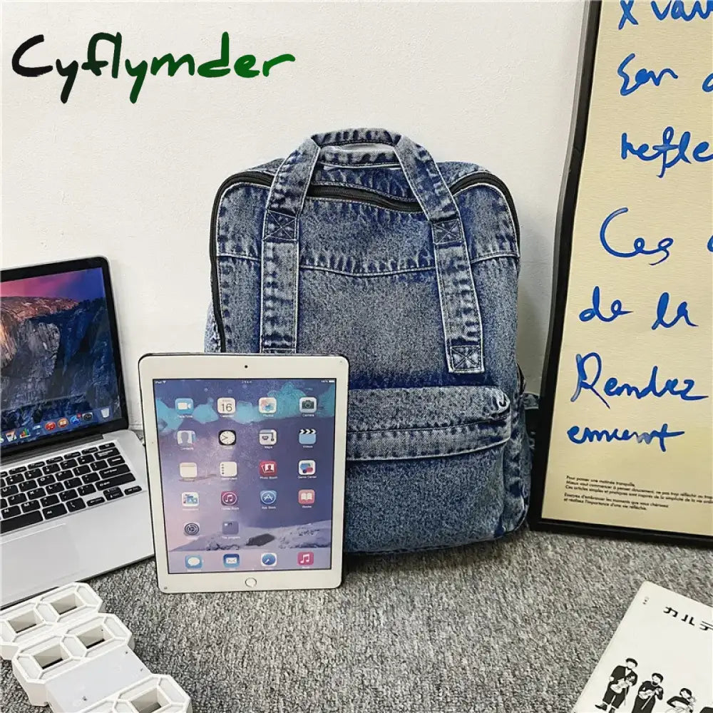 Cyflymder Blue Denim Women Backpack Casual Large Capacity Laptop School Zipper Girl Top Handle