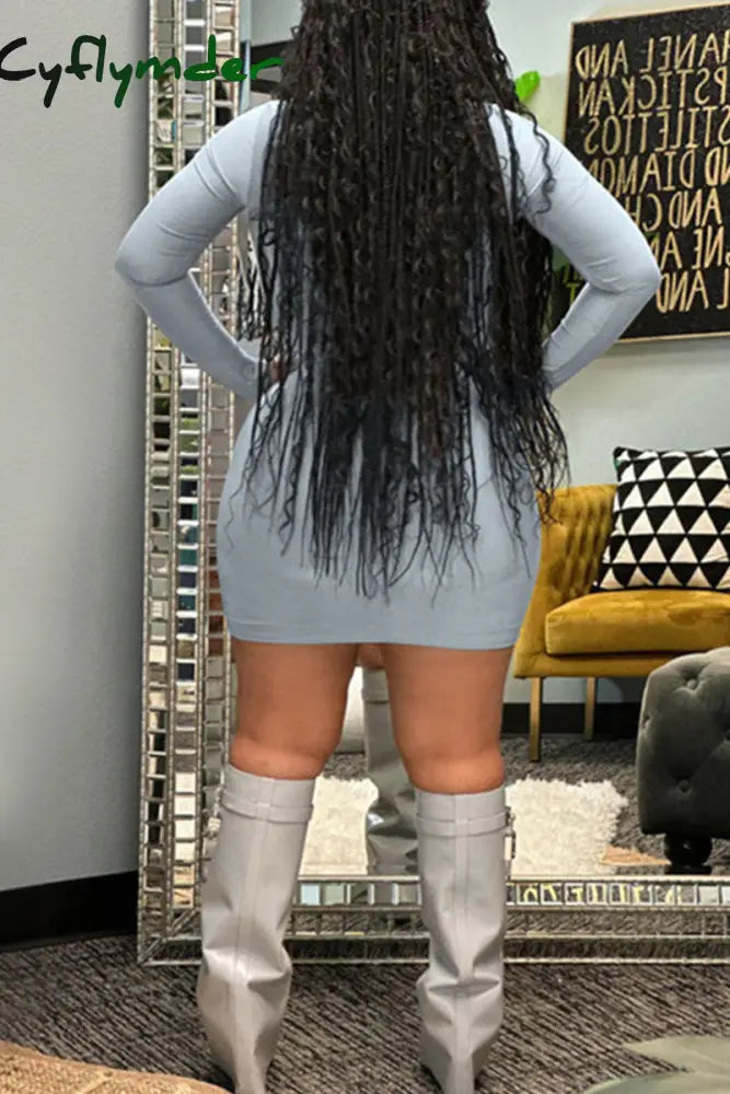 Cyflymder - Blue Gray Sexy Solid Patchwork Half A Turtleneck Pencil Skirt Dresses