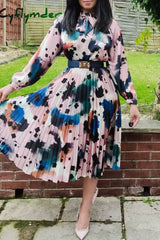 Cyflymder - Blue Pink Elegant Print Patchwork Fold O Neck A Line Dresses(Without Belt)