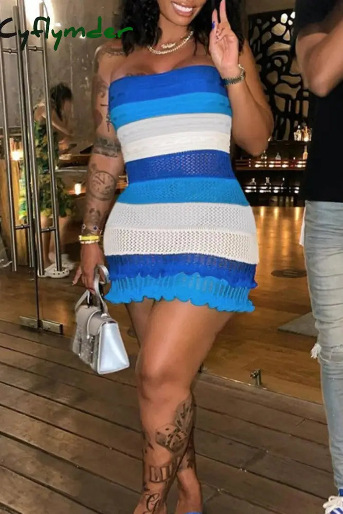 Cyflymder - Blue Sexy Patchwork Backless Contrast Strapless Wrapped Skirt Dresses