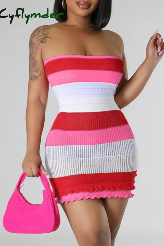Cyflymder - Blue Sexy Patchwork Backless Contrast Strapless Wrapped Skirt Dresses