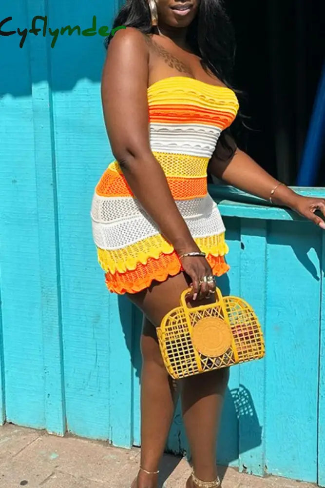 Cyflymder - Blue Sexy Patchwork Backless Contrast Strapless Wrapped Skirt Dresses