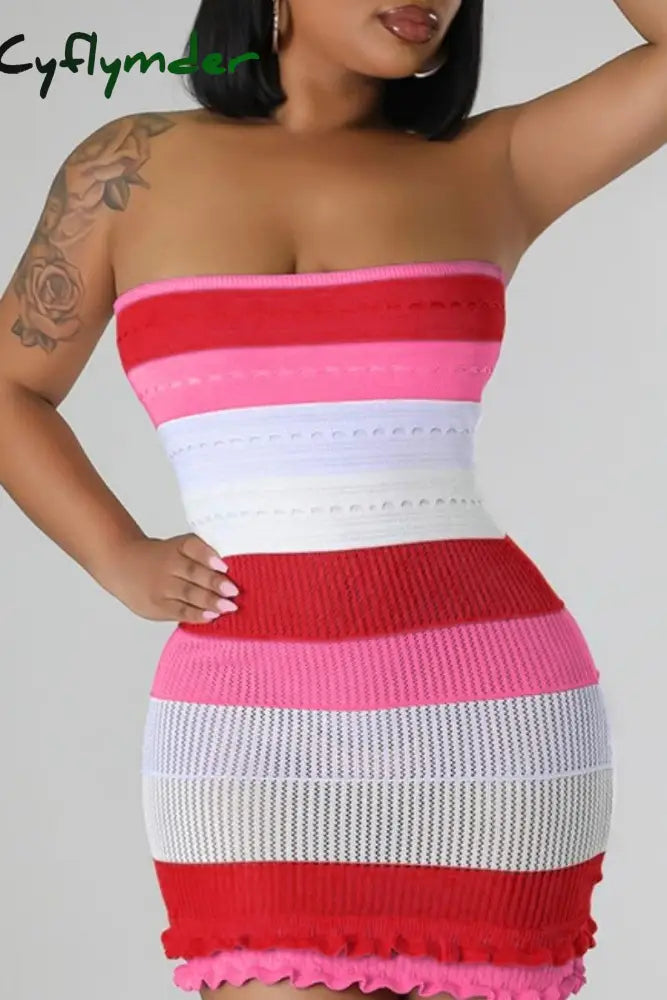 Cyflymder - Blue Sexy Patchwork Backless Contrast Strapless Wrapped Skirt Dresses