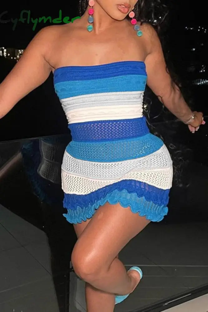 Cyflymder - Blue Sexy Patchwork Backless Contrast Strapless Wrapped Skirt Dresses