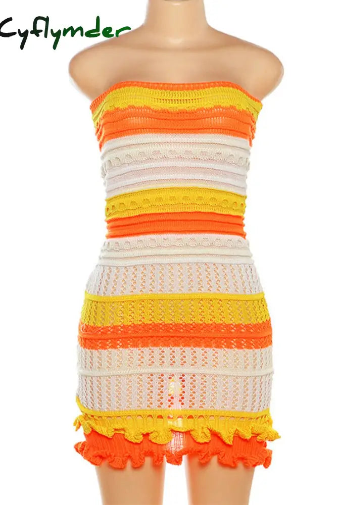 Cyflymder - Blue Sexy Patchwork Backless Contrast Strapless Wrapped Skirt Dresses