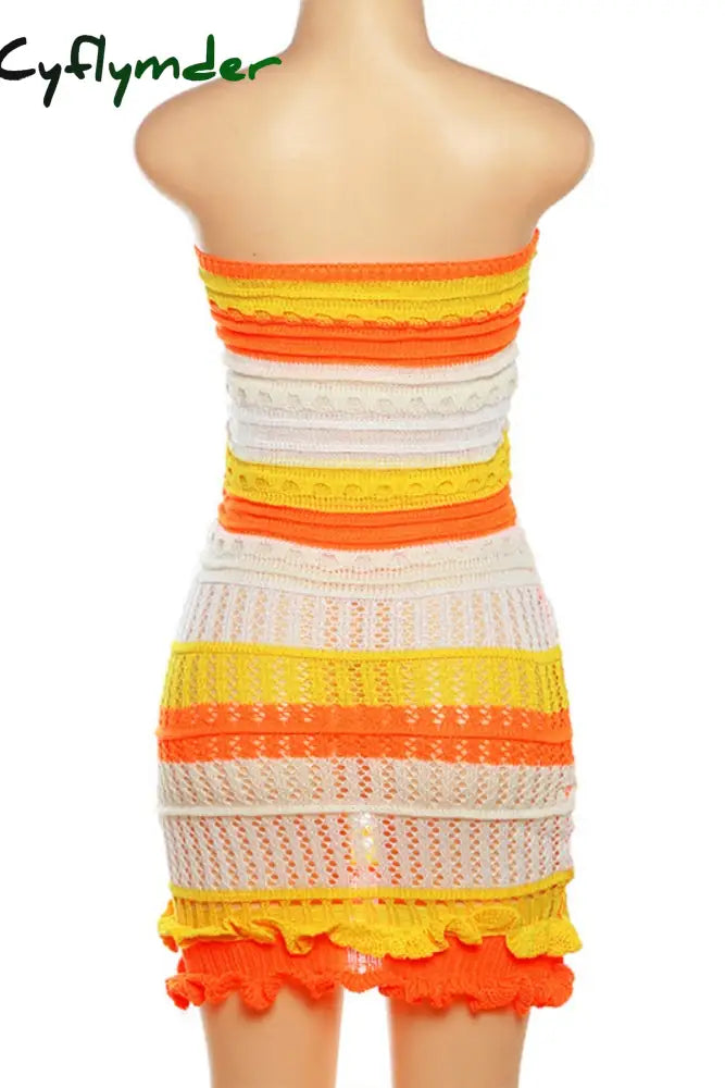 Cyflymder - Blue Sexy Patchwork Backless Contrast Strapless Wrapped Skirt Dresses