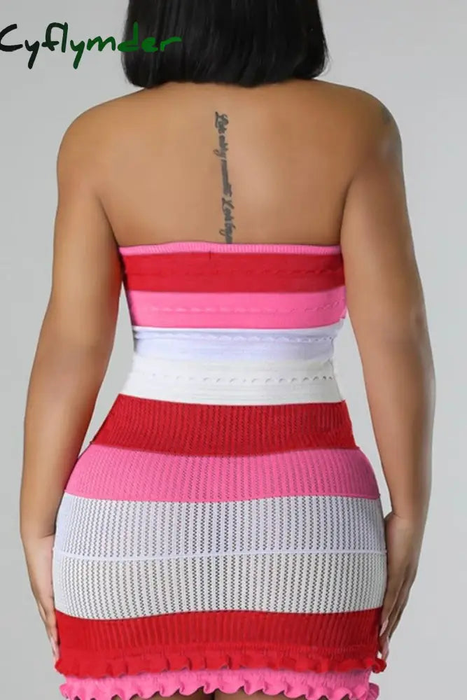 Cyflymder - Blue Sexy Patchwork Backless Contrast Strapless Wrapped Skirt Dresses