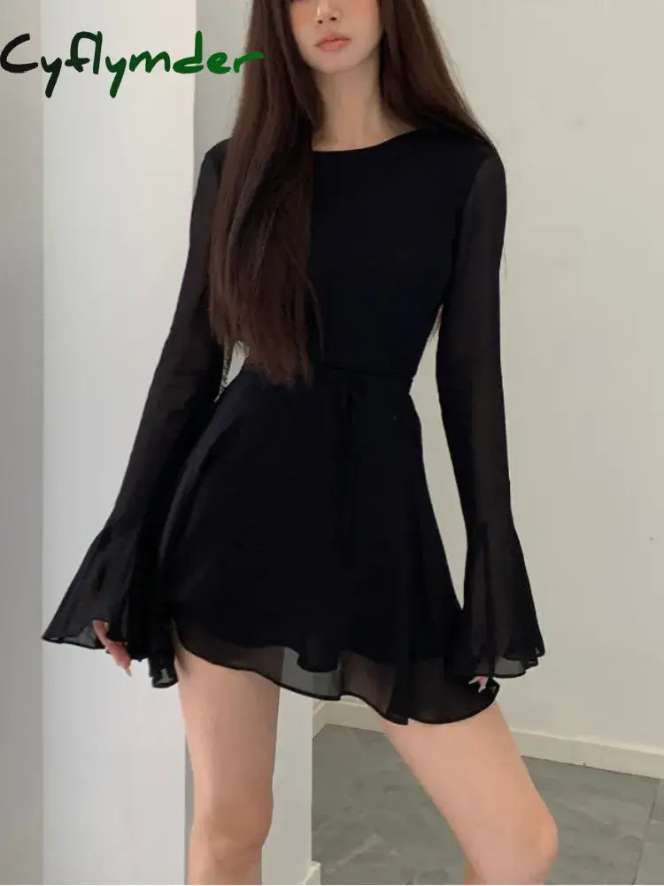 Cyflymder Bodycon Black Y2K Mini Dress Women Elegant Slim Sexy Even Party Office Lady Backless