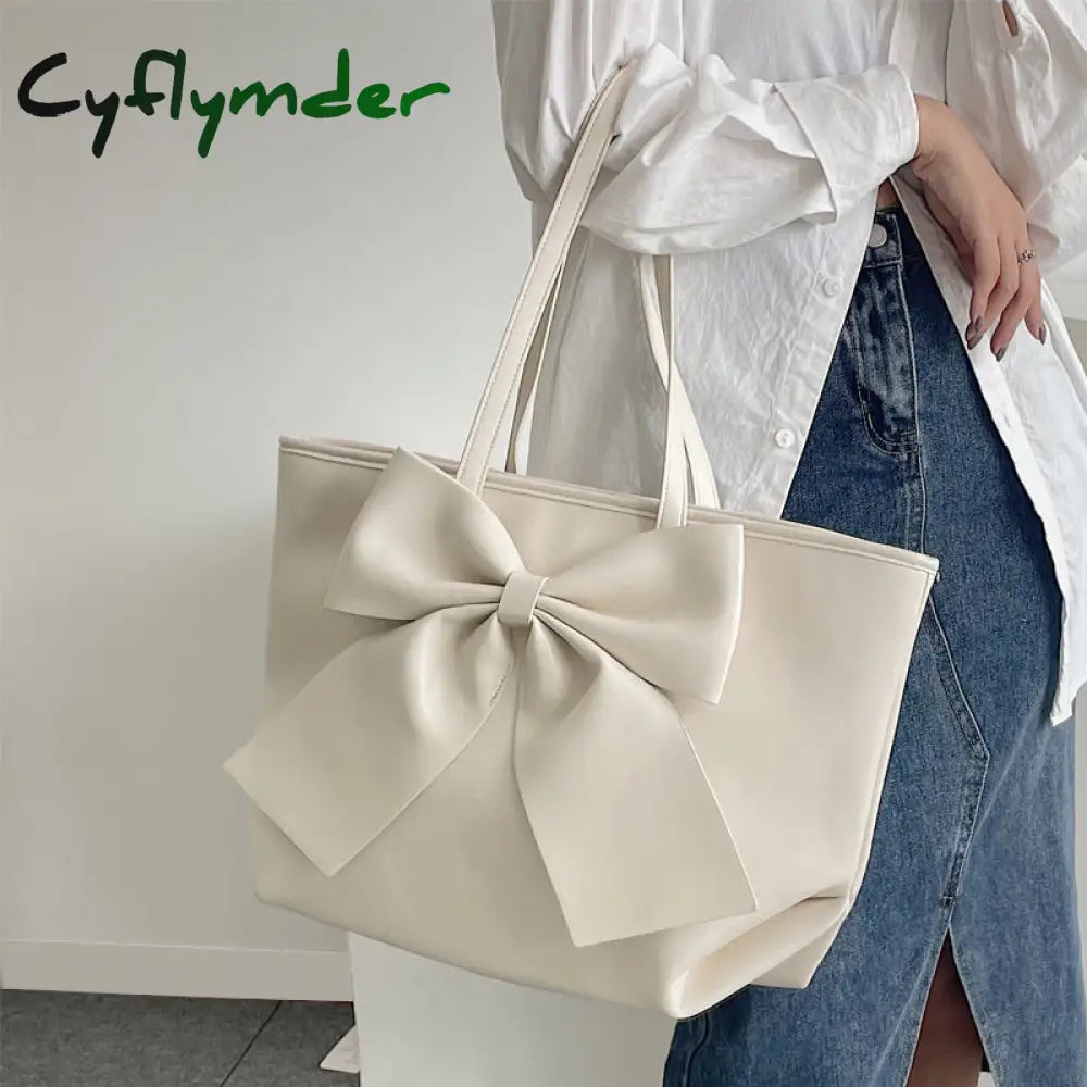 Cyflymder Bow Tie Tote Bags For Women Trendyol Large Capacity Ladies Underarm Bag Spring Pu Leather