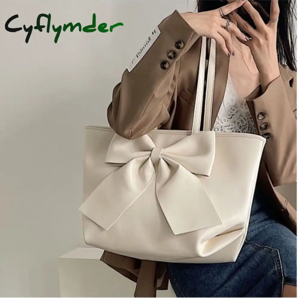 Cyflymder Bow Tie Tote Bags For Women Trendyol Large Capacity Ladies Underarm Bag Spring Pu Leather