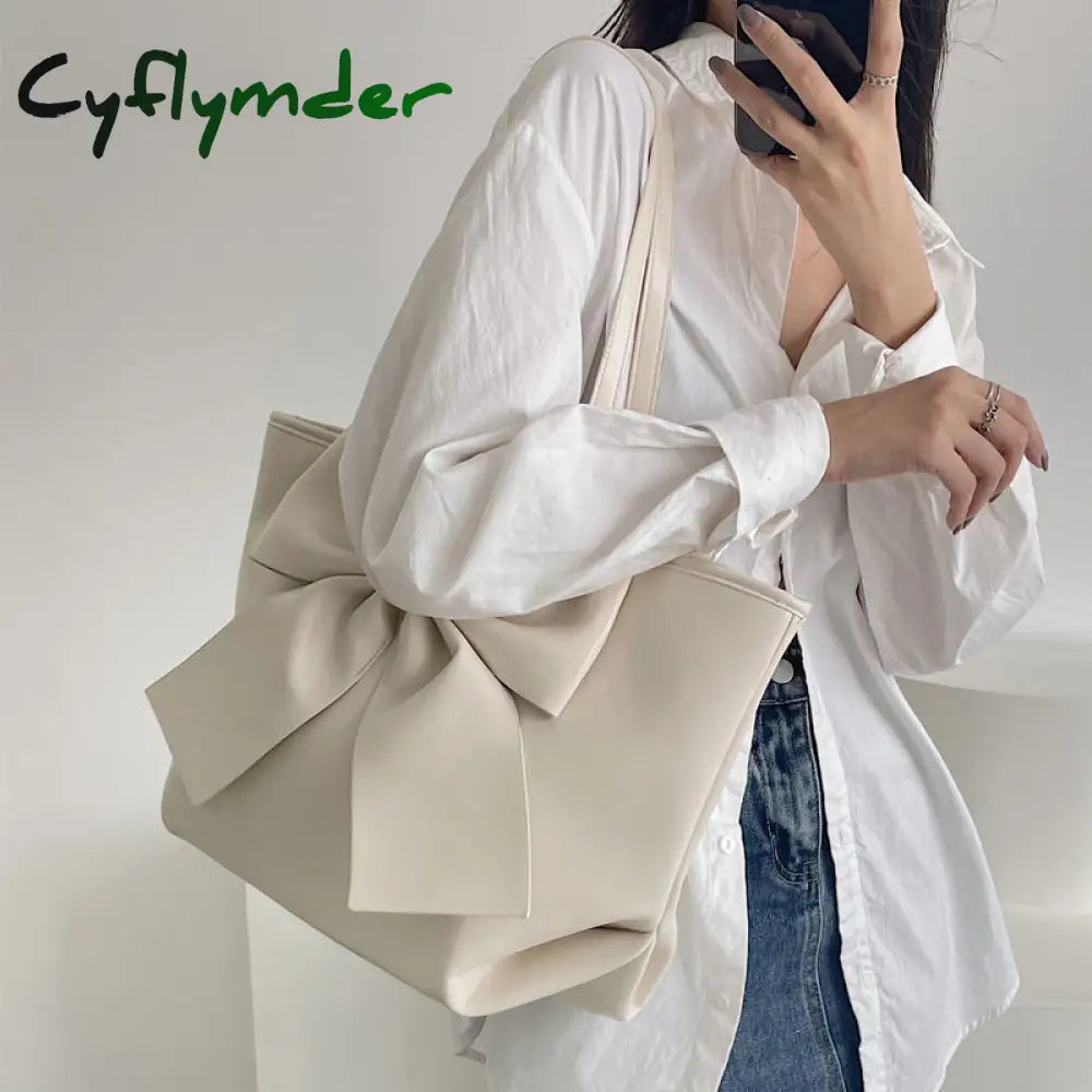 Cyflymder Bow Tie Tote Bags For Women Trendyol Large Capacity Ladies Underarm Bag Spring Pu Leather