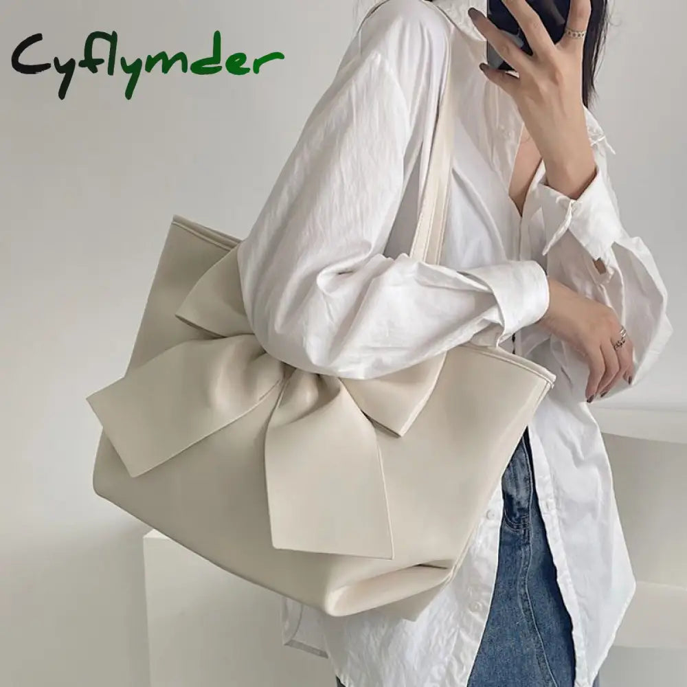 Cyflymder Bow Tie Tote Bags For Women Trendyol Large Capacity Ladies Underarm Bag Spring Pu Leather