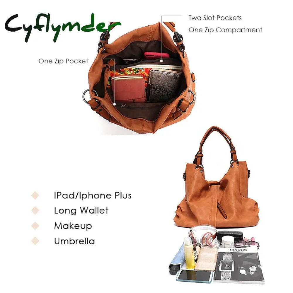 Cyflymder Brand Large Women’s Leather Handbags High Quality Female Pu Hobos Shoulder Bags Solid