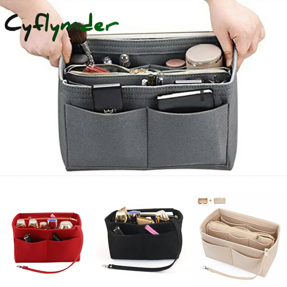 Cyflymder Brand Make Up Organizer Felt Insert Bag For Handbag Travel Inner Purse Portable Cosmetic