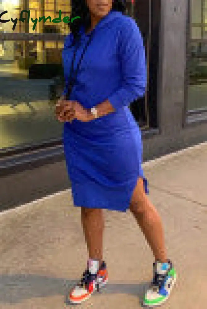 Cyflymder - Brown Casual Solid Patchwork Slit Hooded Collar Long Sleeve Dresses Royal Blue / L