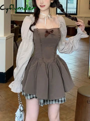 Cyflymder Brown French Vintage Princess Dress Women Long Sleeve Sweet Party Mini Dress Female Bow Plaid Japanese Kawaii