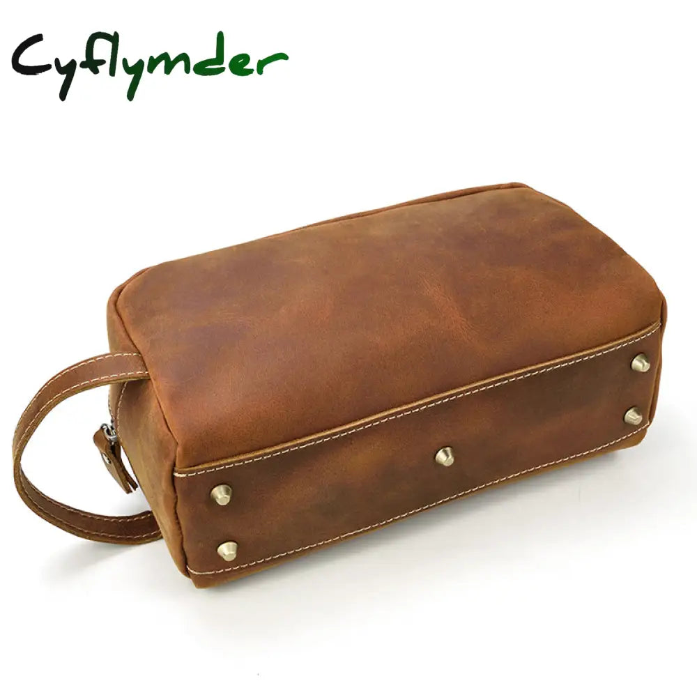 Cyflymder Brown Men’s Genuine Leather Daily Clutch Handbag Travelling Storge Bags For Make Up