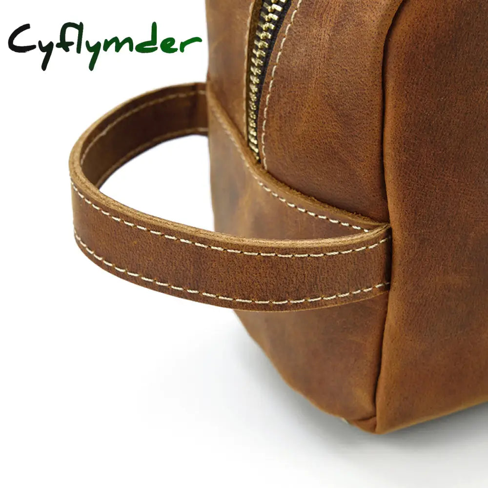 Cyflymder Brown Men’s Genuine Leather Daily Clutch Handbag Travelling Storge Bags For Make Up