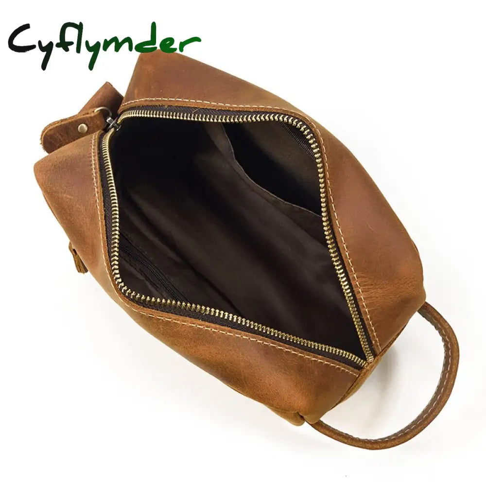 Cyflymder Brown Men’s Genuine Leather Daily Clutch Handbag Travelling Storge Bags For Make Up